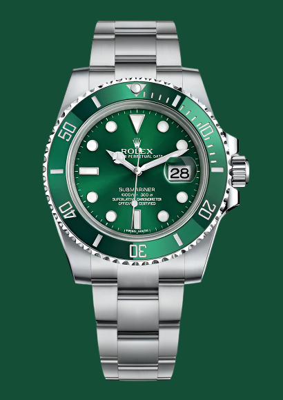 Rolex watch with green dial and silver metal bracelet on a white background