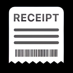 Black and white icon of a receipt with text and barcode